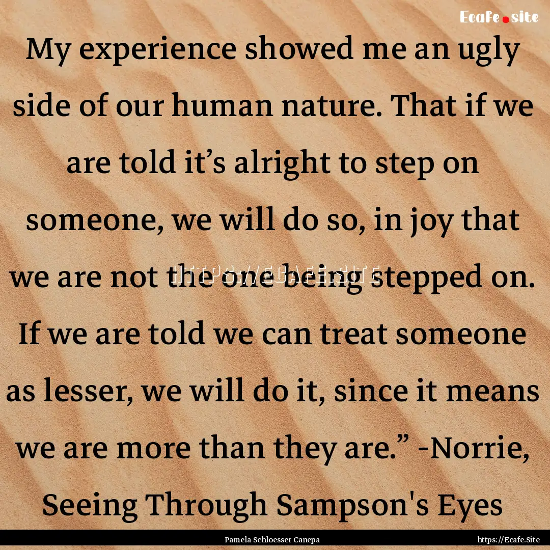 My experience showed me an ugly side of our.... : Quote by Pamela Schloesser Canepa