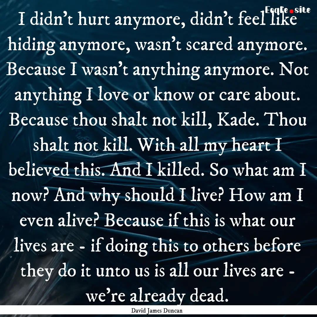 I didn't hurt anymore, didn't feel like hiding.... : Quote by David James Duncan