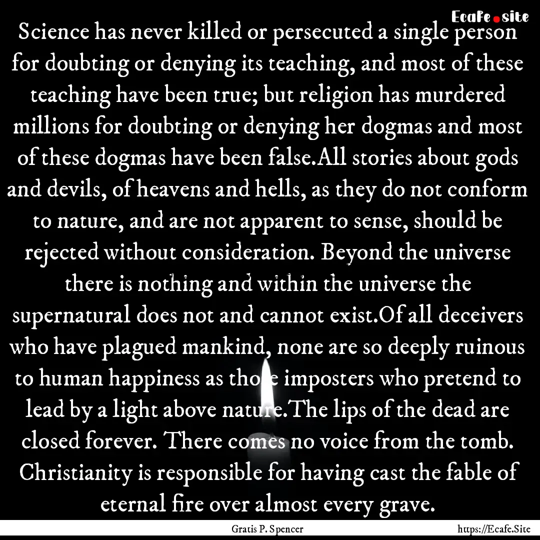 Science has never killed or persecuted a.... : Quote by Gratis P. Spencer