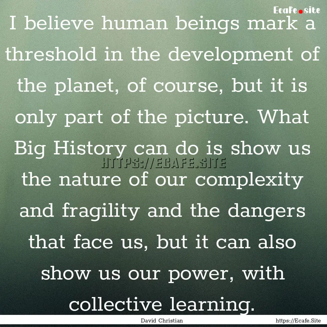 I believe human beings mark a threshold in.... : Quote by David Christian