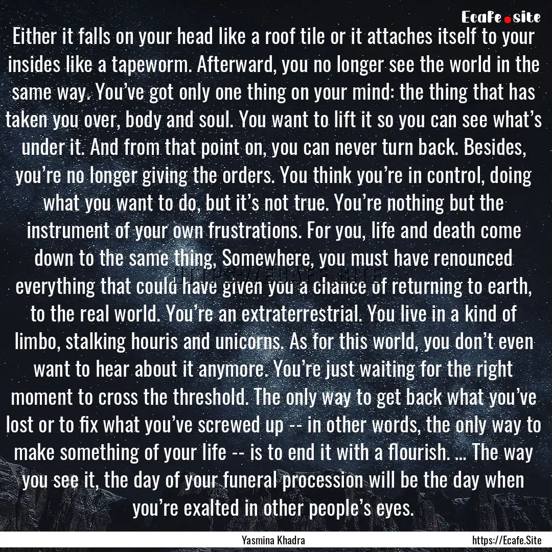 Either it falls on your head like a roof.... : Quote by Yasmina Khadra