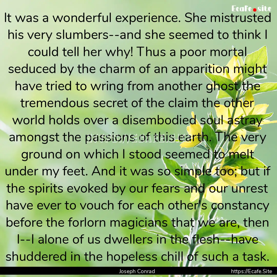 It was a wonderful experience. She mistrusted.... : Quote by Joseph Conrad