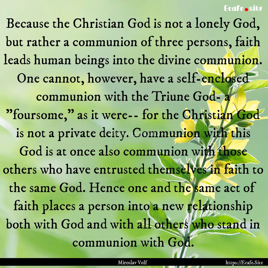 Because the Christian God is not a lonely.... : Quote by Miroslav Volf