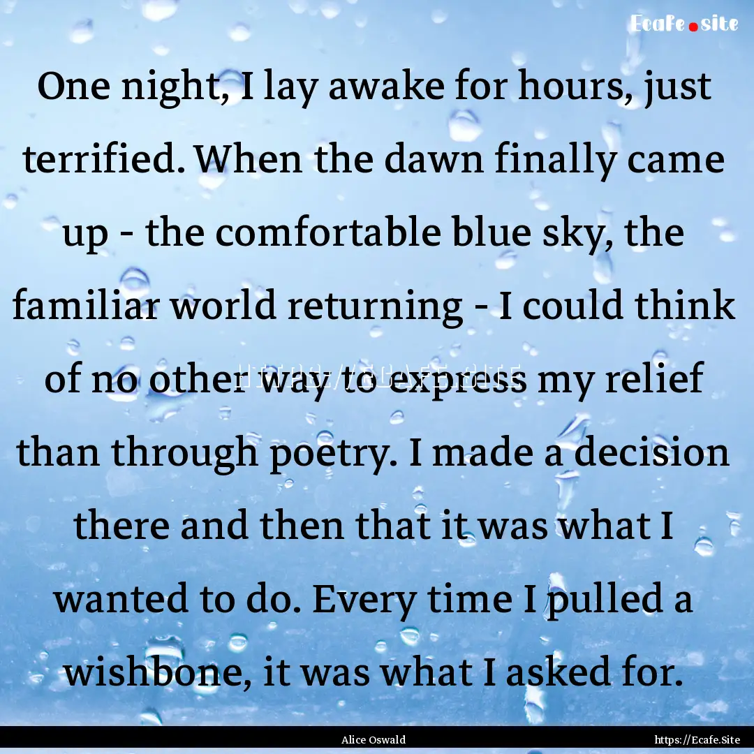 One night, I lay awake for hours, just terrified..... : Quote by Alice Oswald