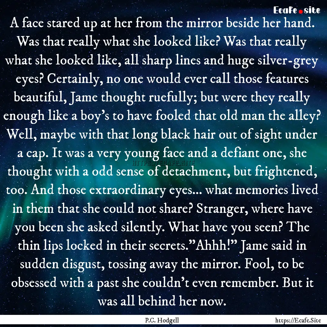 A face stared up at her from the mirror beside.... : Quote by P.C. Hodgell