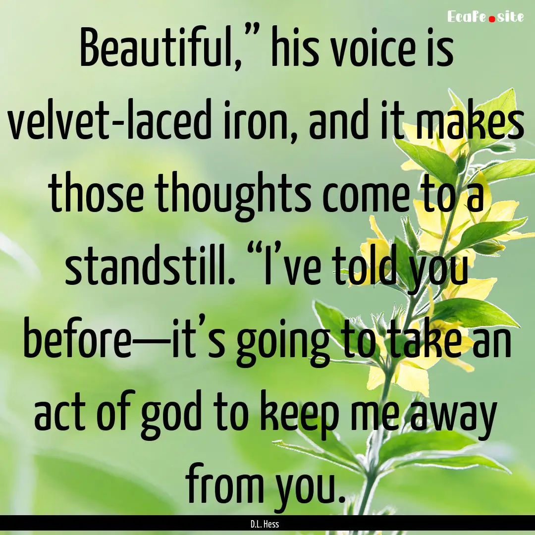 Beautiful,” his voice is velvet-laced iron,.... : Quote by D.L. Hess