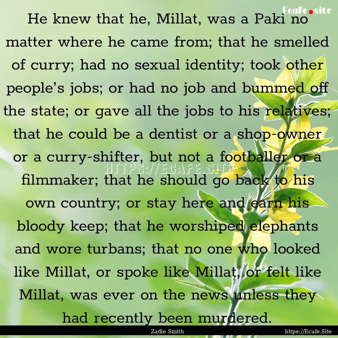 He knew that he, Millat, was a Paki no matter.... : Quote by Zadie Smith