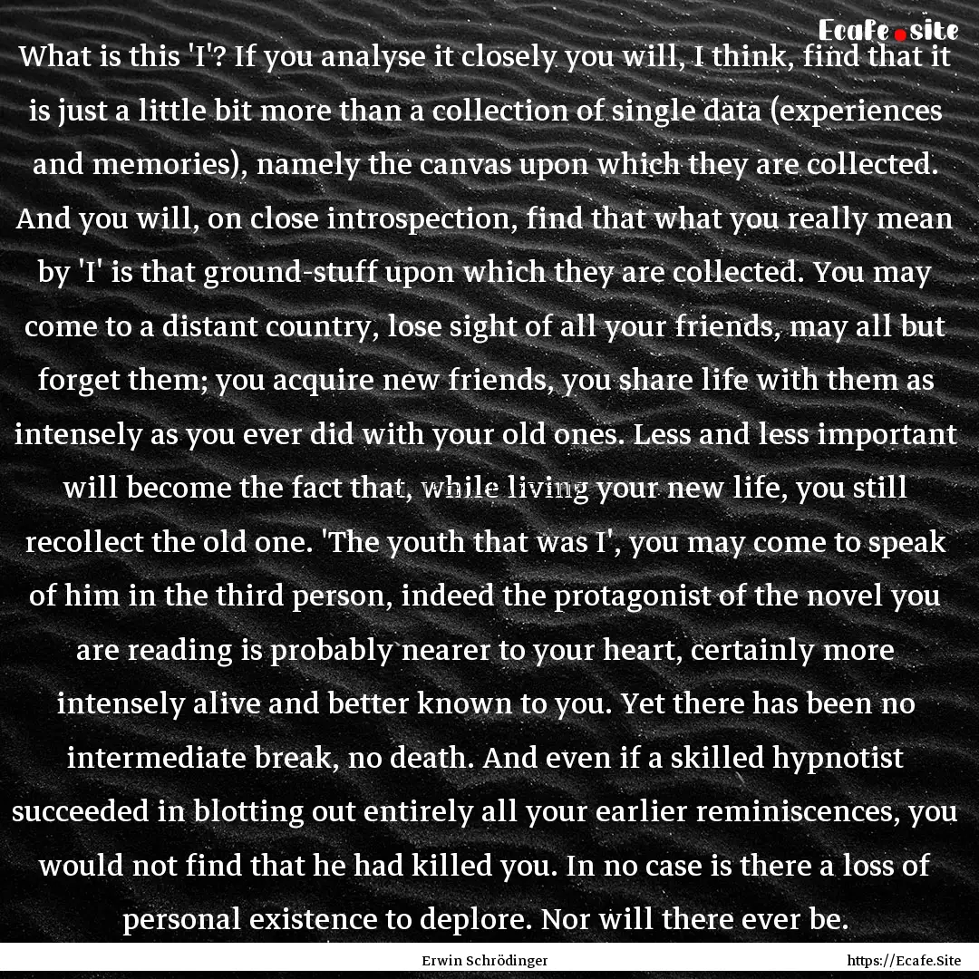 What is this 'I'? If you analyse it closely.... : Quote by Erwin Schrödinger