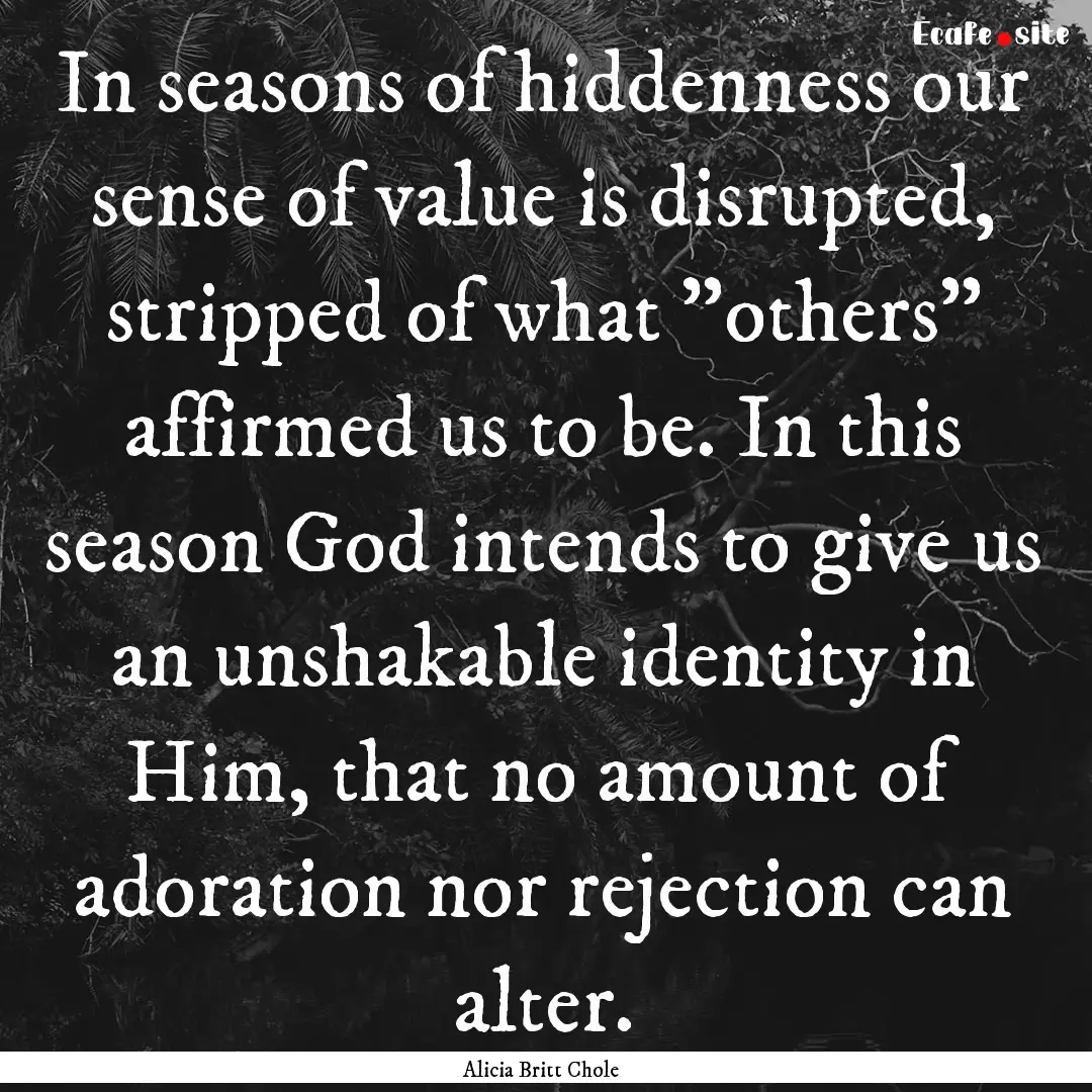 In seasons of hiddenness our sense of value.... : Quote by Alicia Britt Chole