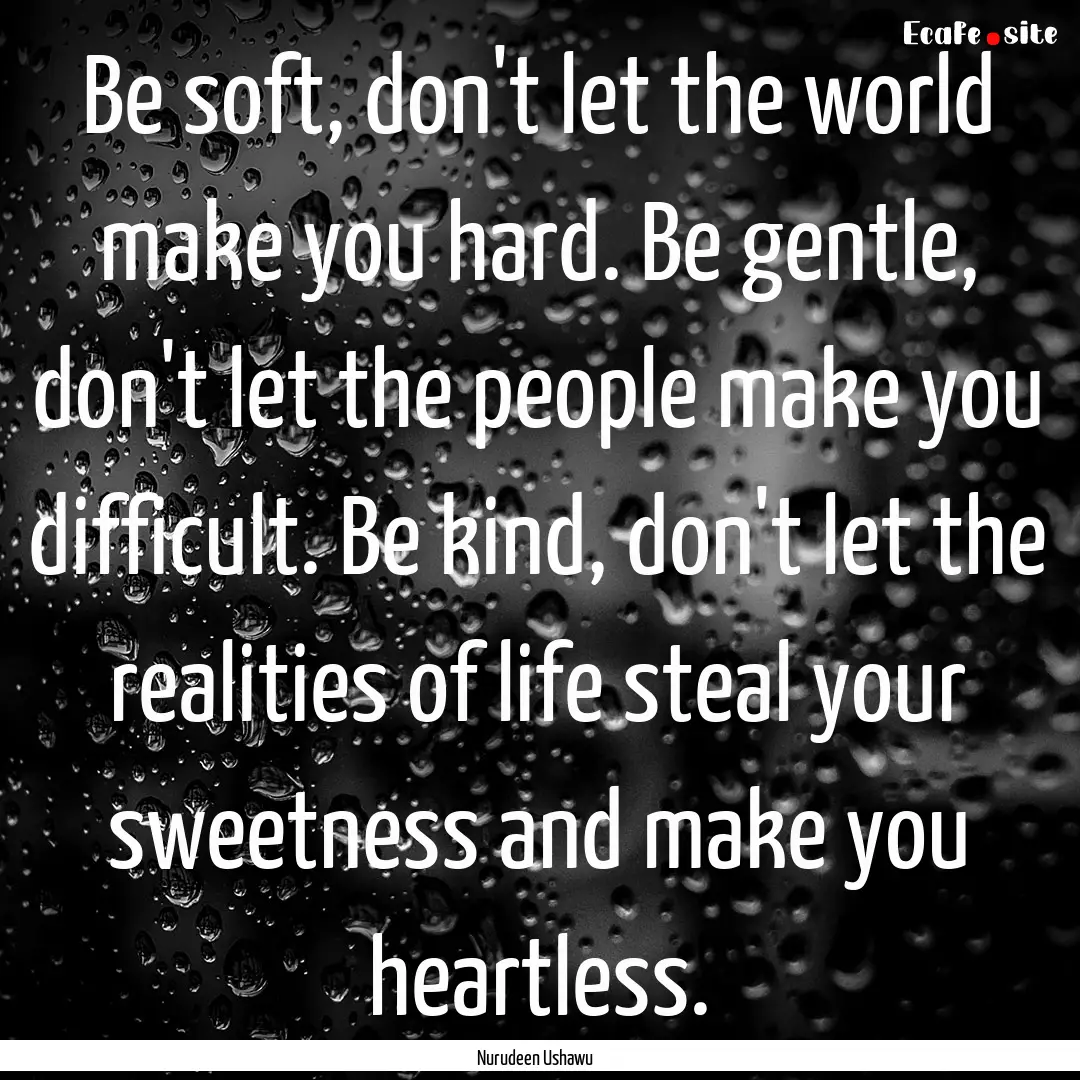 Be soft, don't let the world make you hard..... : Quote by Nurudeen Ushawu