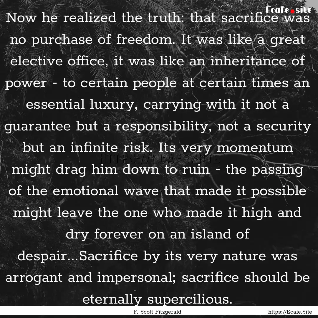 Now he realized the truth: that sacrifice.... : Quote by F. Scott Fitzgerald