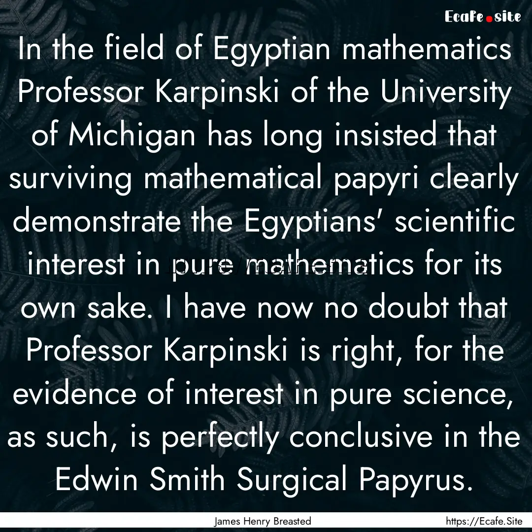 In the field of Egyptian mathematics Professor.... : Quote by James Henry Breasted