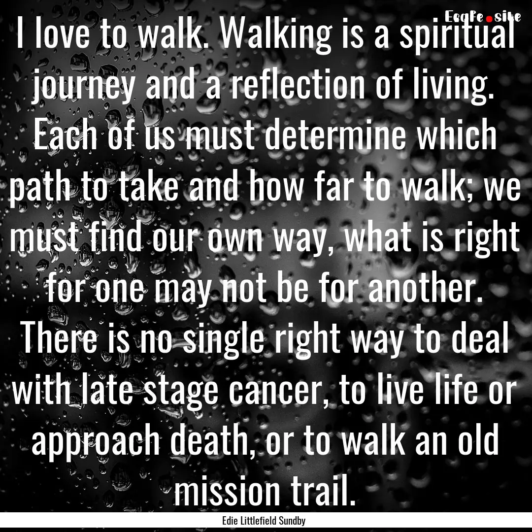 I love to walk. Walking is a spiritual journey.... : Quote by Edie Littlefield Sundby