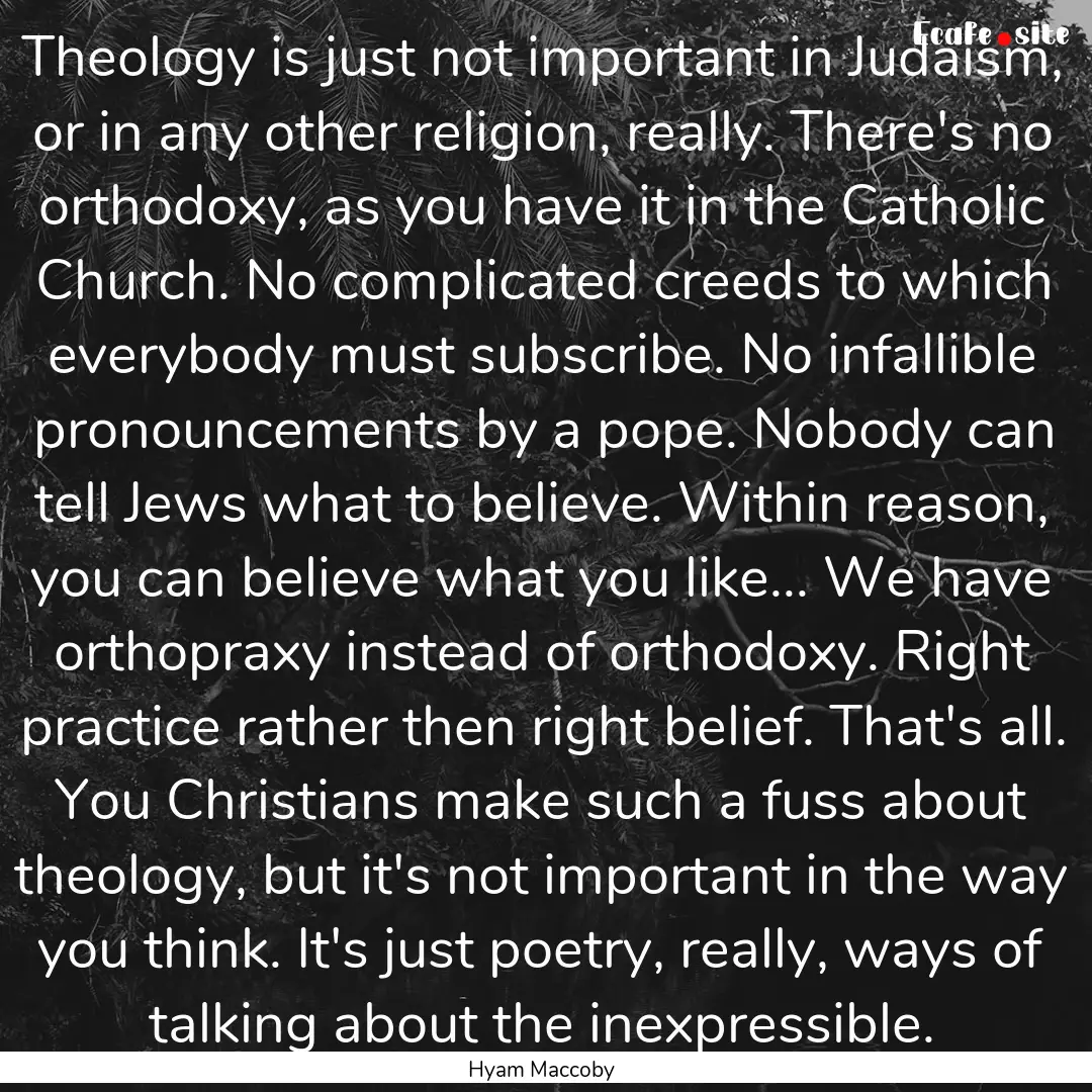 Theology is just not important in Judaism,.... : Quote by Hyam Maccoby