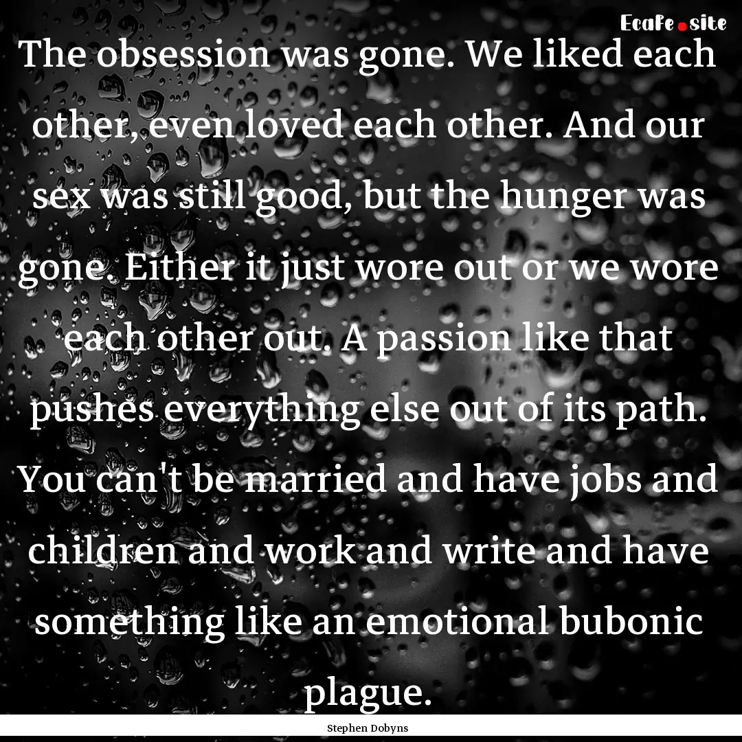 The obsession was gone. We liked each other,.... : Quote by Stephen Dobyns