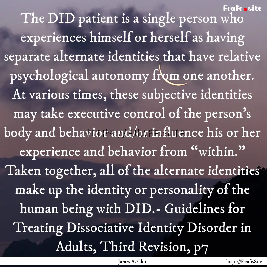 The DID patient is a single person who experiences.... : Quote by James A. Chu