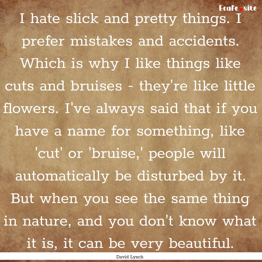 I hate slick and pretty things. I prefer.... : Quote by David Lynch