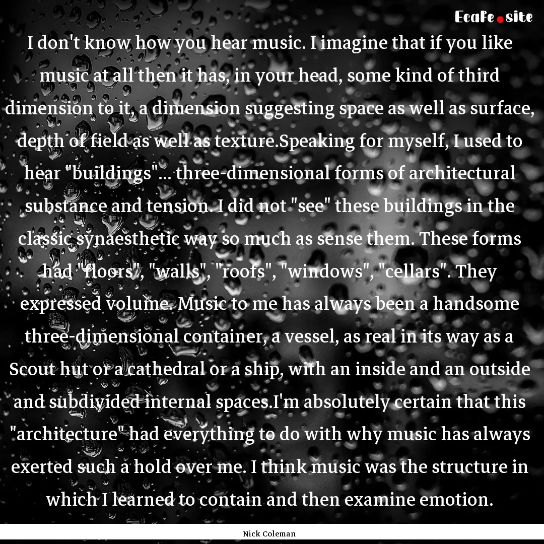 I don't know how you hear music. I imagine.... : Quote by Nick Coleman