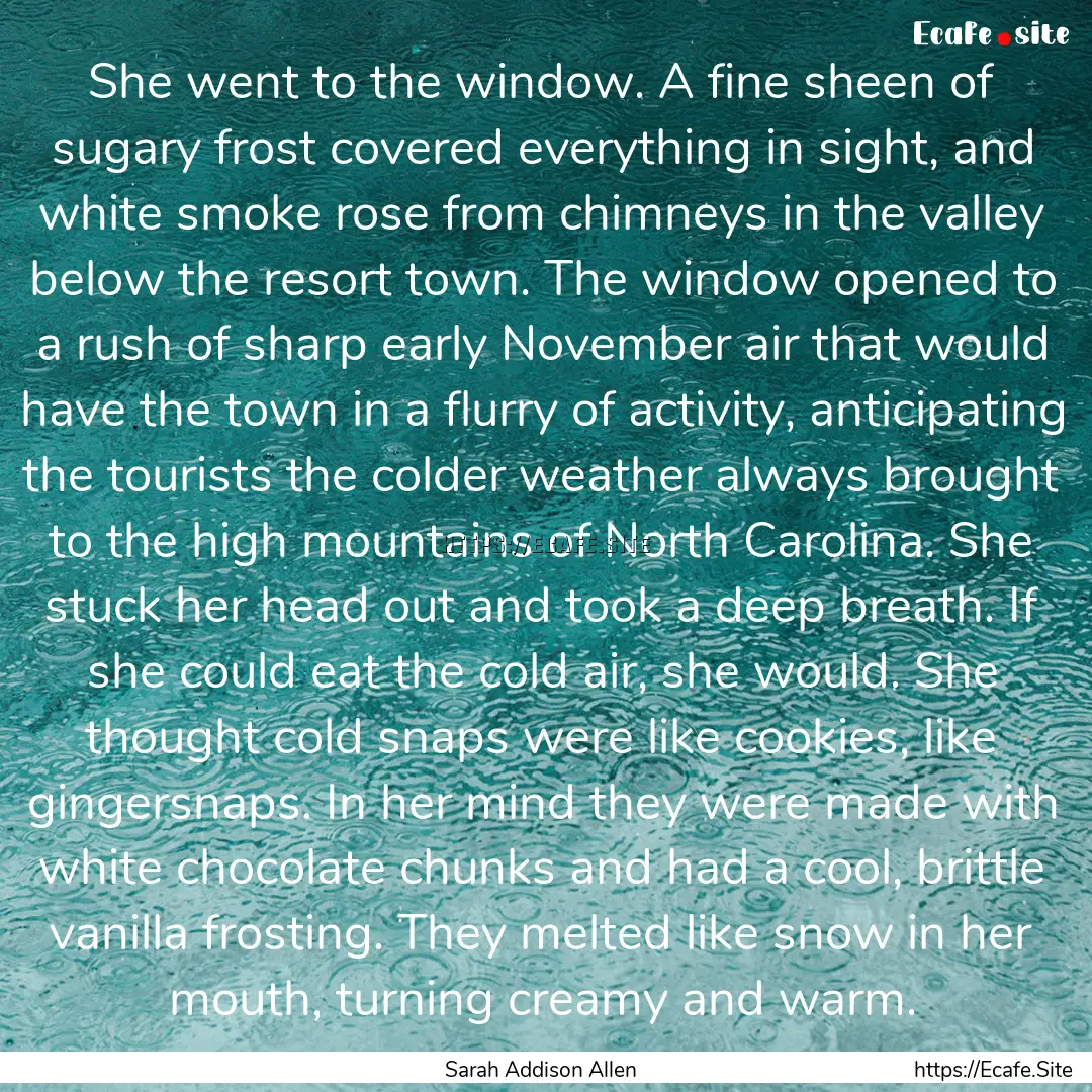 She went to the window. A fine sheen of sugary.... : Quote by Sarah Addison Allen