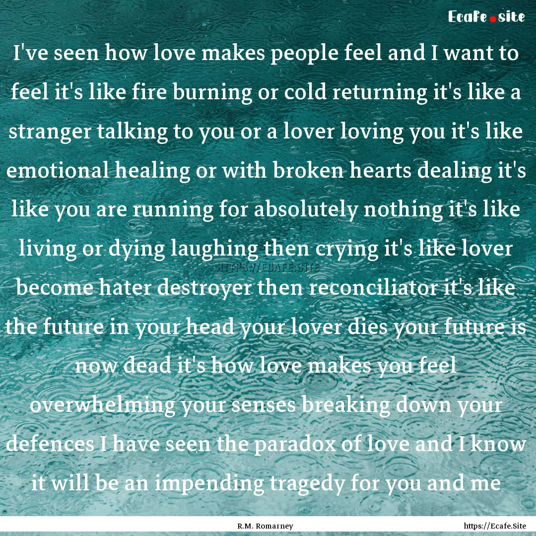 I've seen how love makes people feel and.... : Quote by R.M. Romarney