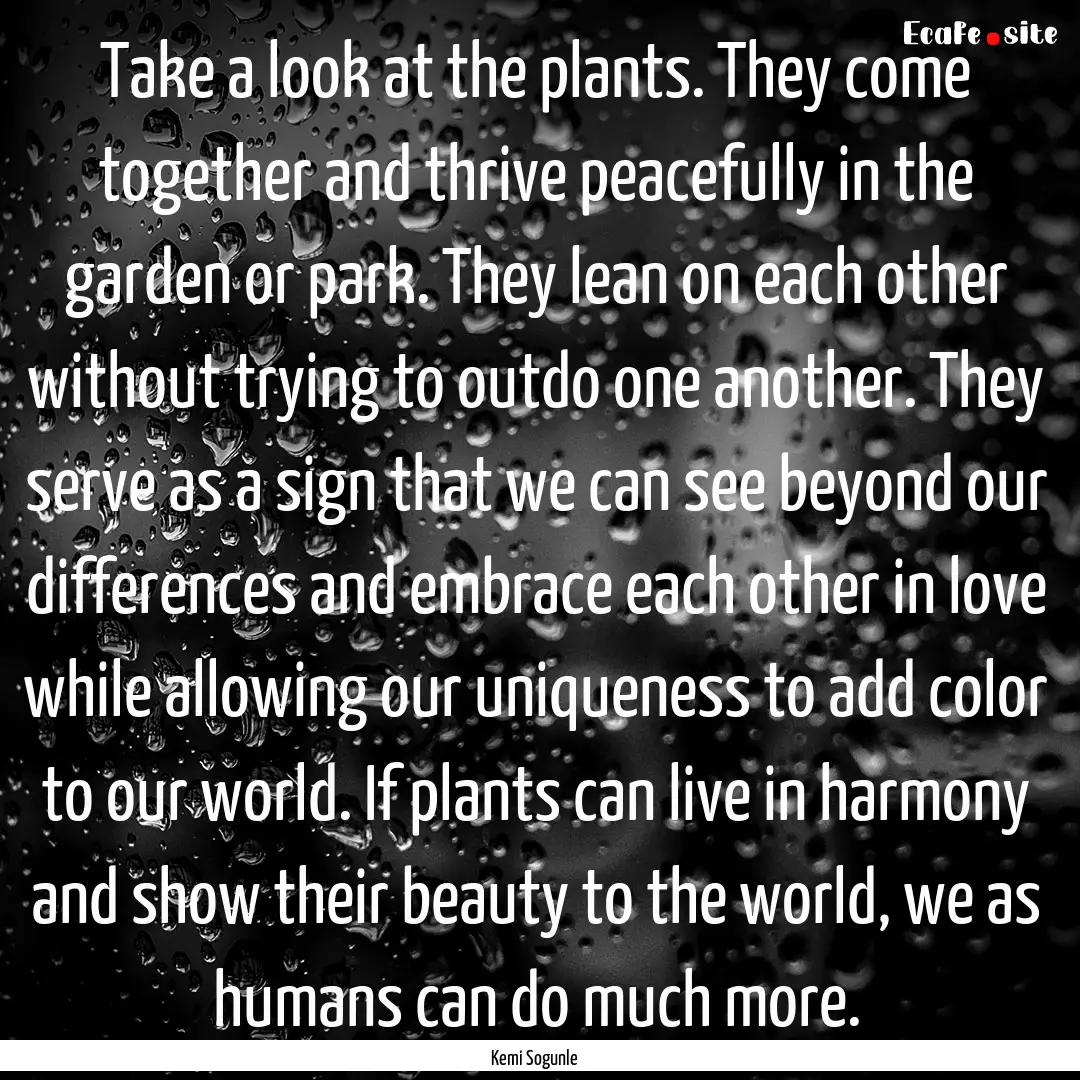 Take a look at the plants. They come together.... : Quote by Kemi Sogunle