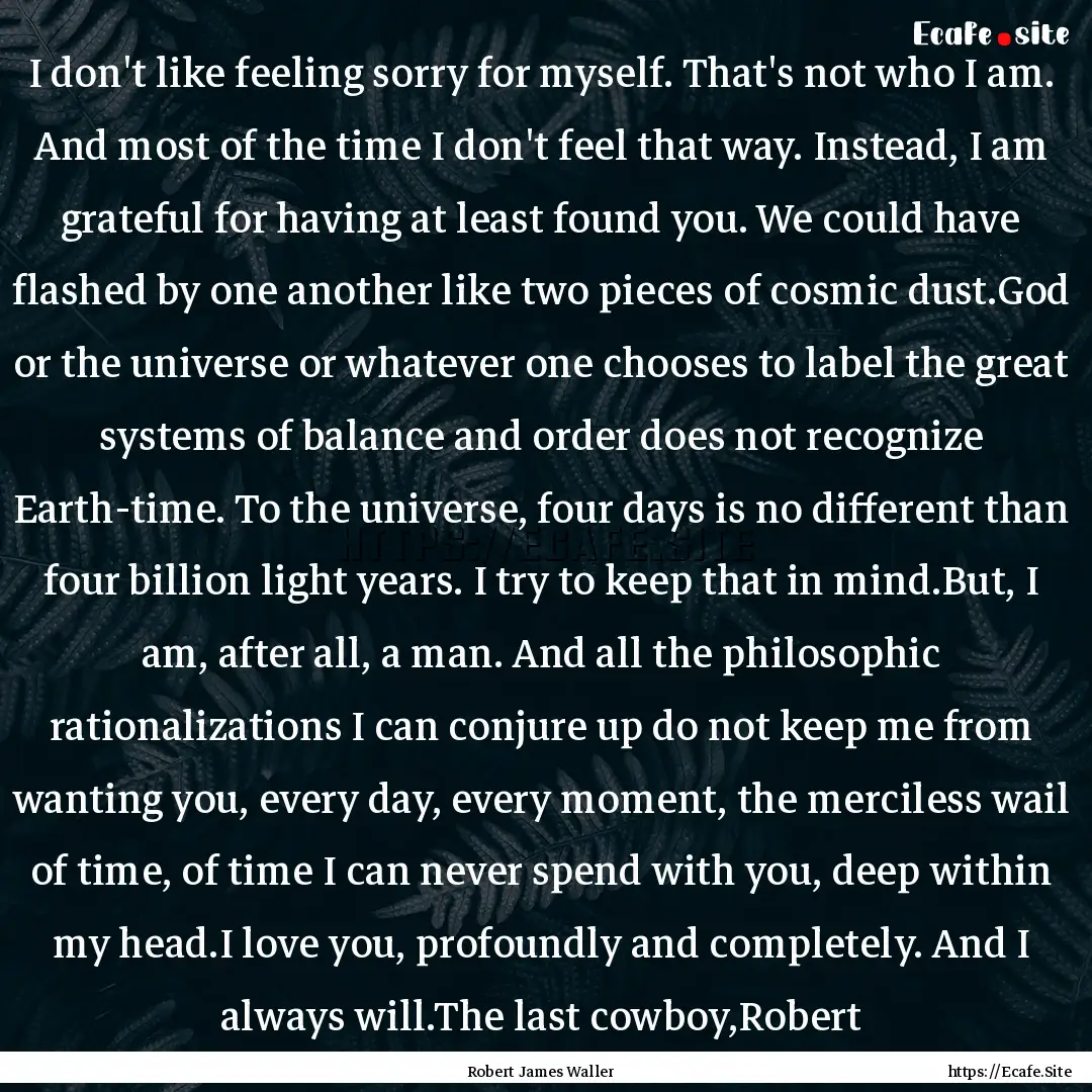 I don't like feeling sorry for myself. That's.... : Quote by Robert James Waller