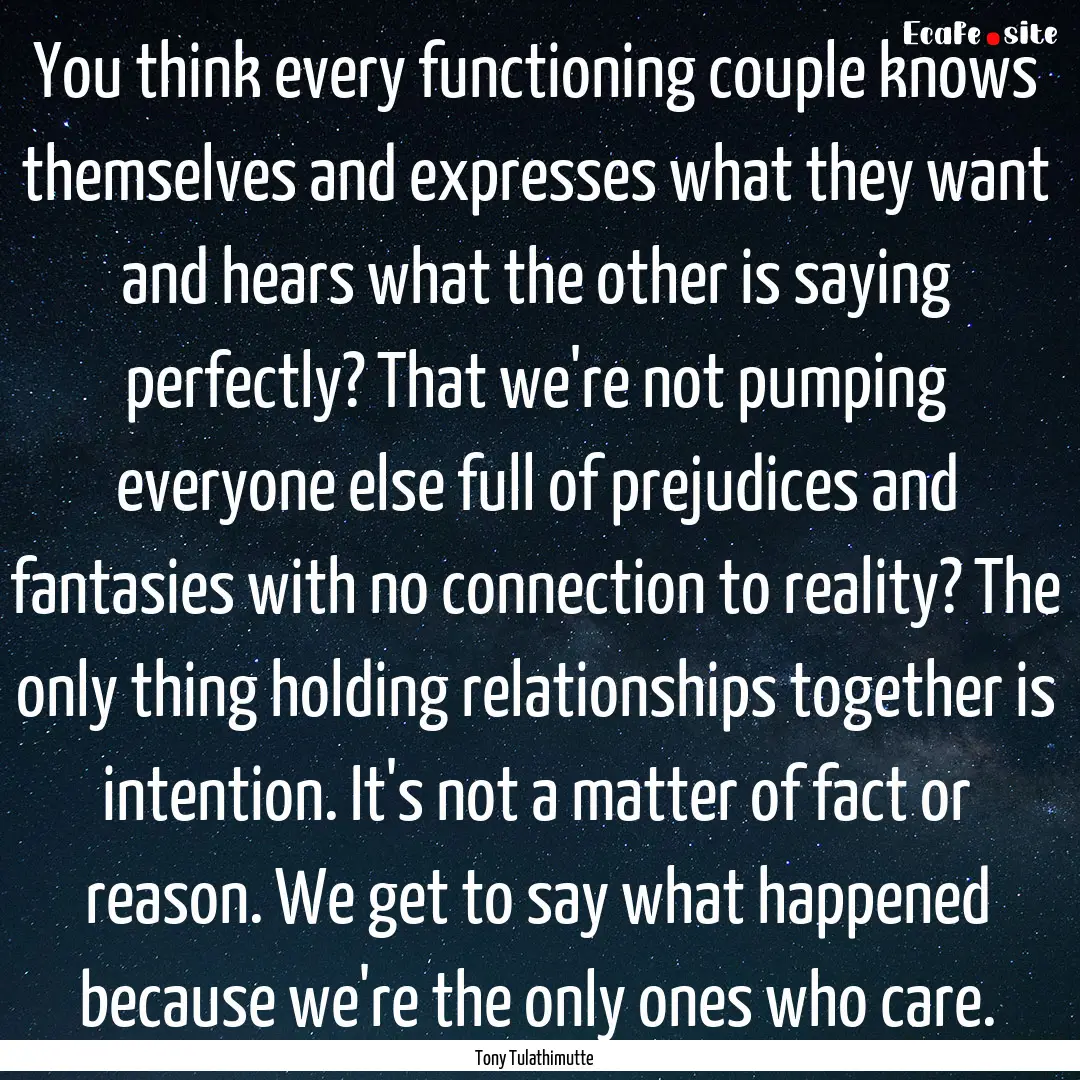 You think every functioning couple knows.... : Quote by Tony Tulathimutte