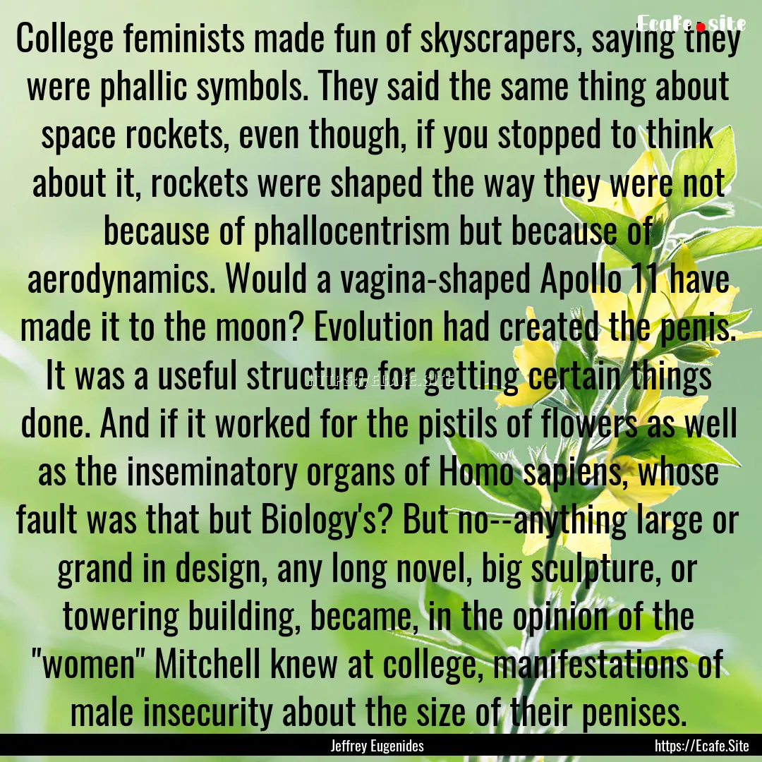 College feminists made fun of skyscrapers,.... : Quote by Jeffrey Eugenides