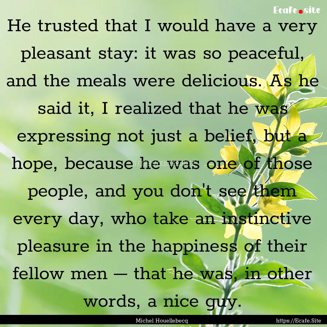 He trusted that I would have a very pleasant.... : Quote by Michel Houellebecq