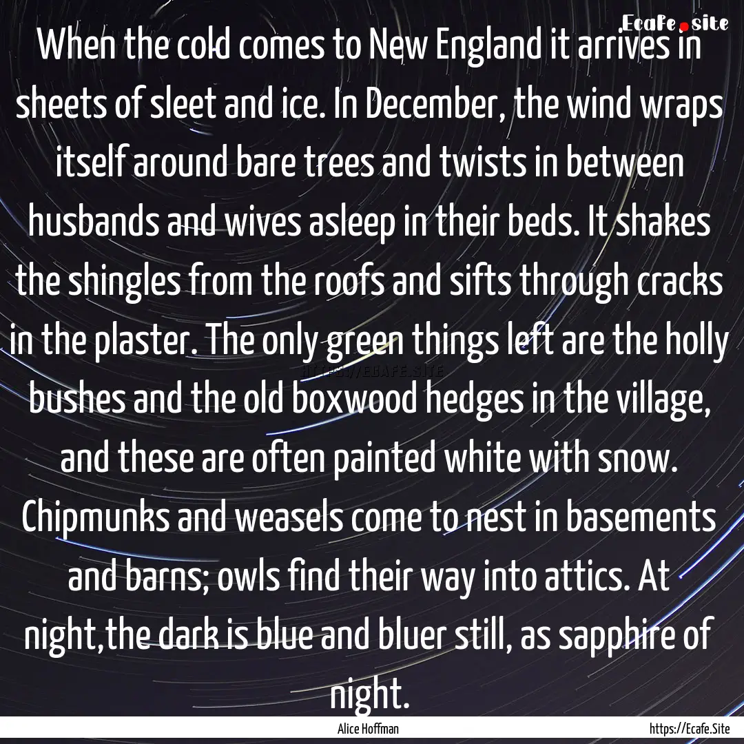 When the cold comes to New England it arrives.... : Quote by Alice Hoffman