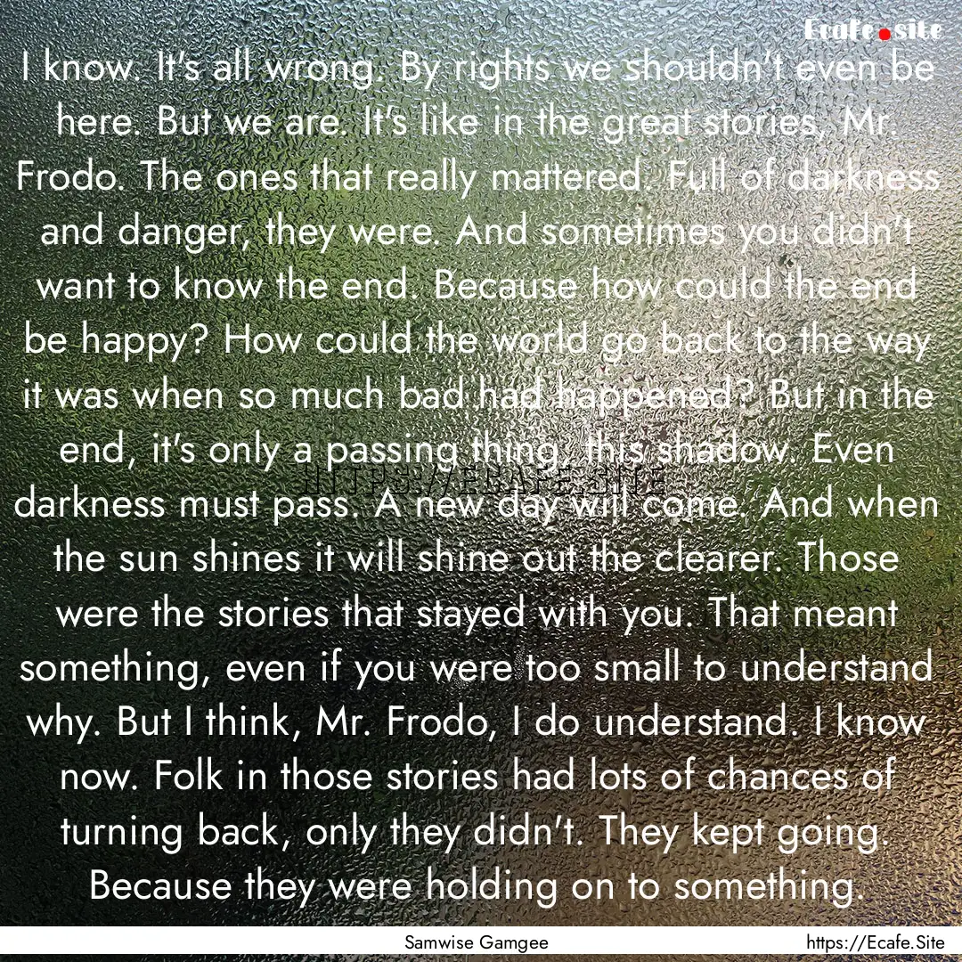 I know. It's all wrong. By rights we shouldn't.... : Quote by Samwise Gamgee