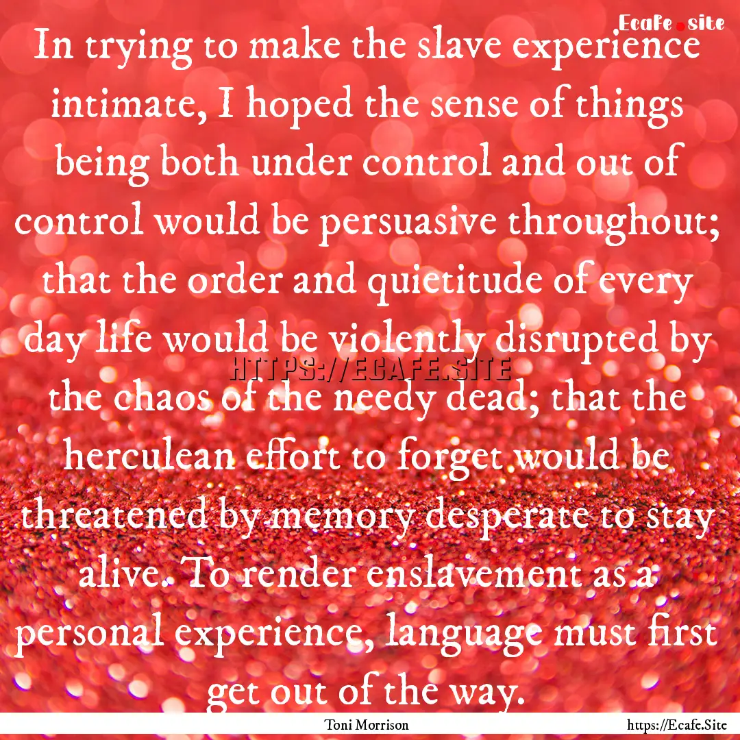 In trying to make the slave experience intimate,.... : Quote by Toni Morrison