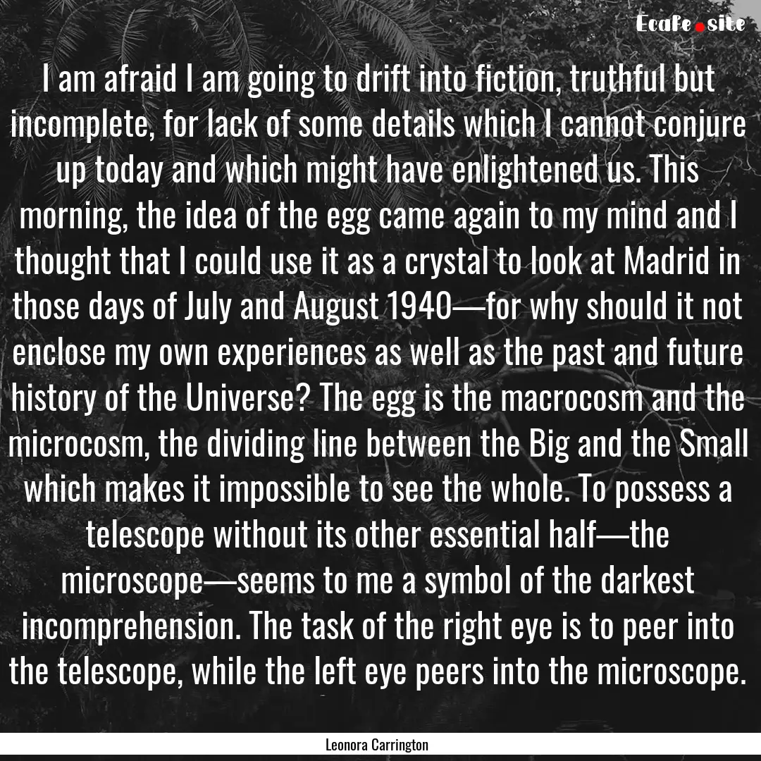 I am afraid I am going to drift into fiction,.... : Quote by Leonora Carrington