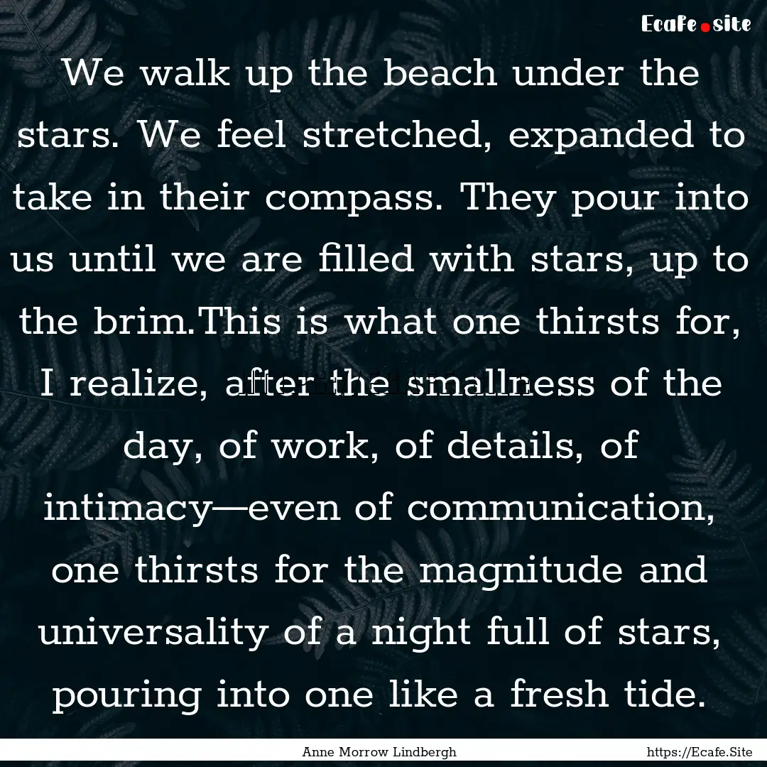 We walk up the beach under the stars. We.... : Quote by Anne Morrow Lindbergh