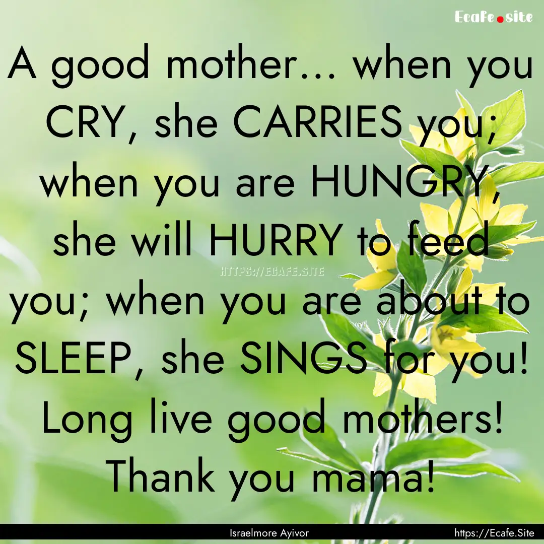 A good mother... when you CRY, she CARRIES.... : Quote by Israelmore Ayivor