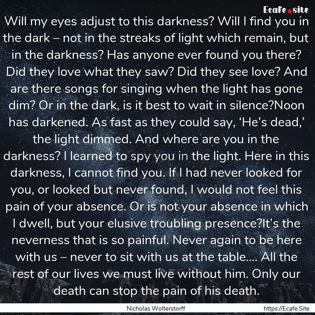 Will my eyes adjust to this darkness? Will.... : Quote by Nicholas Wolterstorff