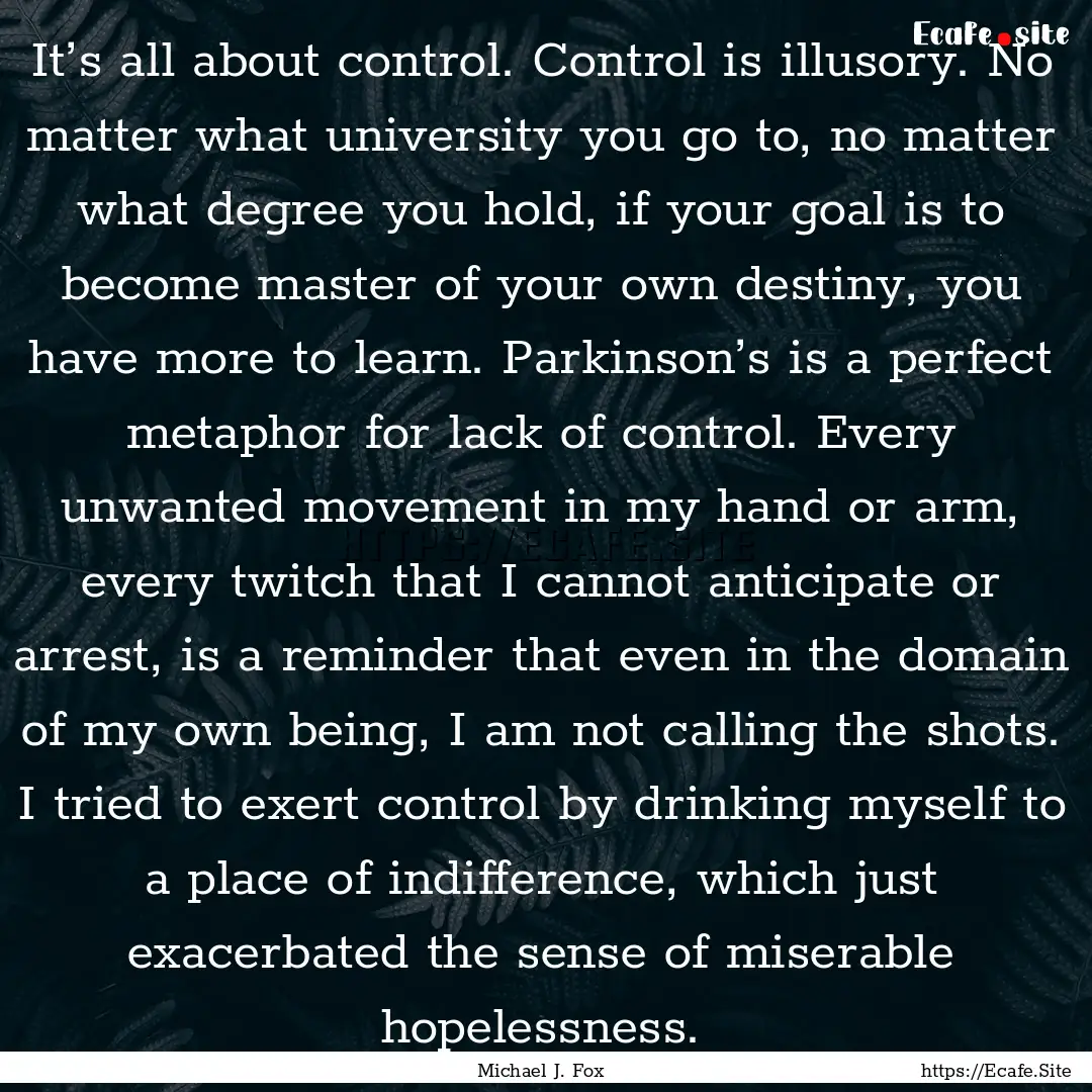 It’s all about control. Control is illusory..... : Quote by Michael J. Fox