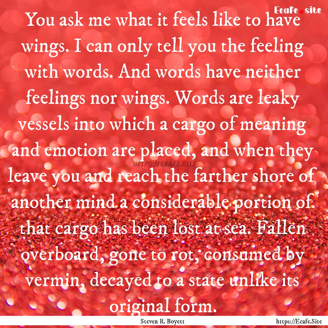 You ask me what it feels like to have wings..... : Quote by Steven R. Boyett