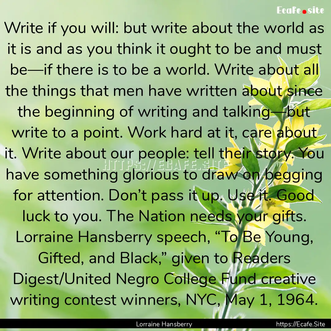 Write if you will: but write about the world.... : Quote by Lorraine Hansberry