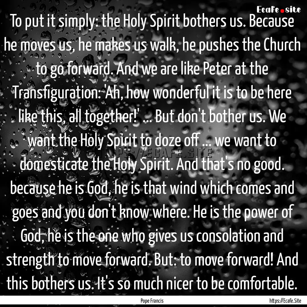 To put it simply: the Holy Spirit bothers.... : Quote by Pope Francis