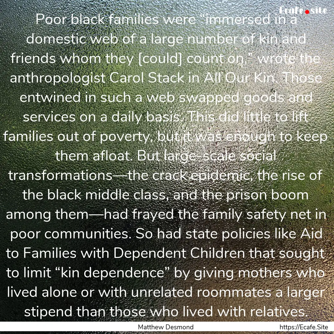 Poor black families were “immersed in a.... : Quote by Matthew Desmond