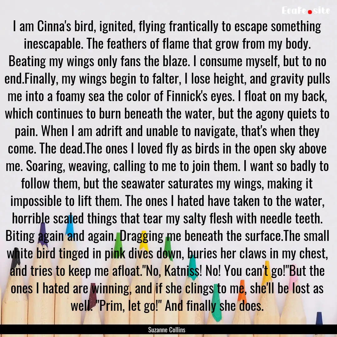 I am Cinna's bird, ignited, flying frantically.... : Quote by Suzanne Collins