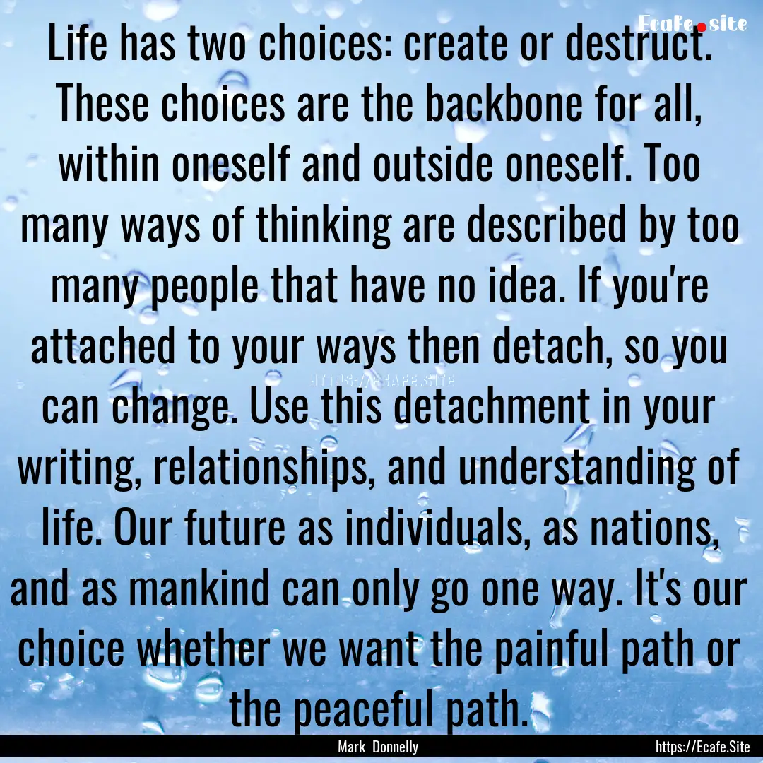 Life has two choices: create or destruct..... : Quote by Mark Donnelly