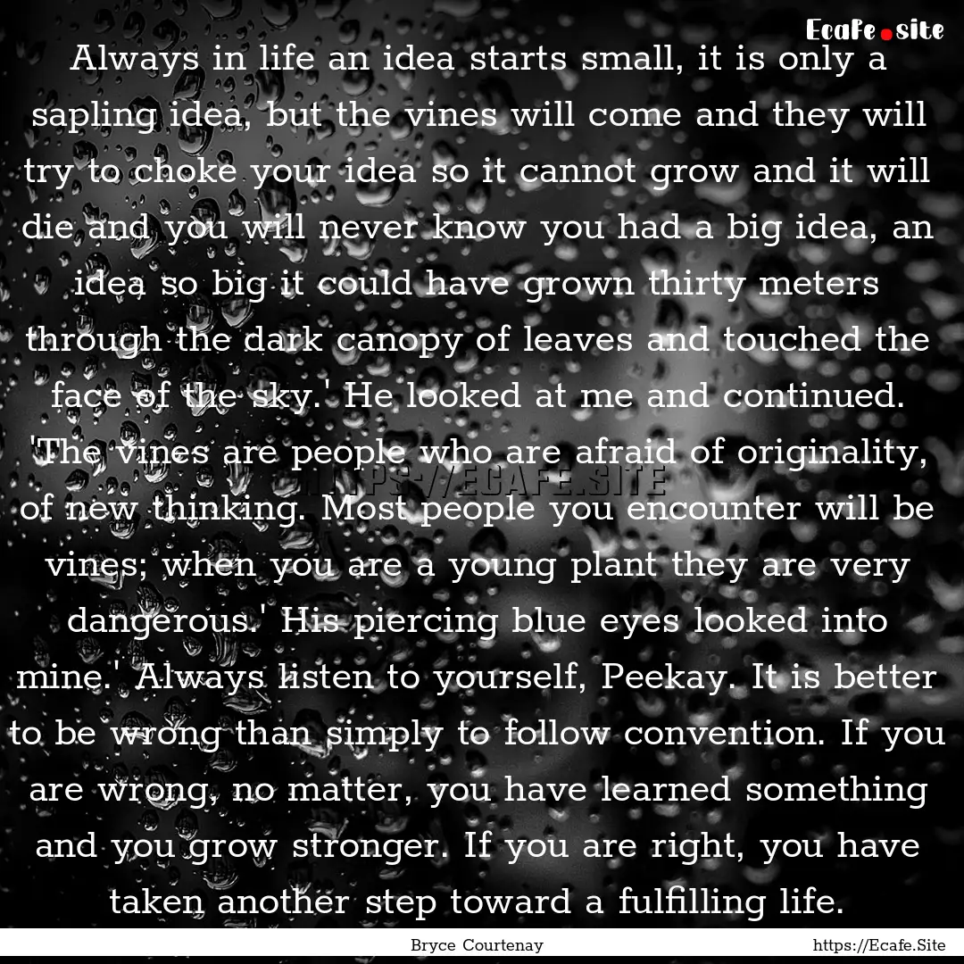 Always in life an idea starts small, it is.... : Quote by Bryce Courtenay