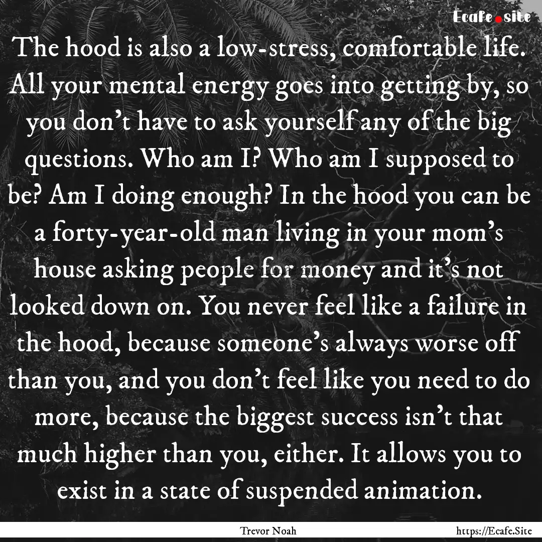 The hood is also a low-stress, comfortable.... : Quote by Trevor Noah