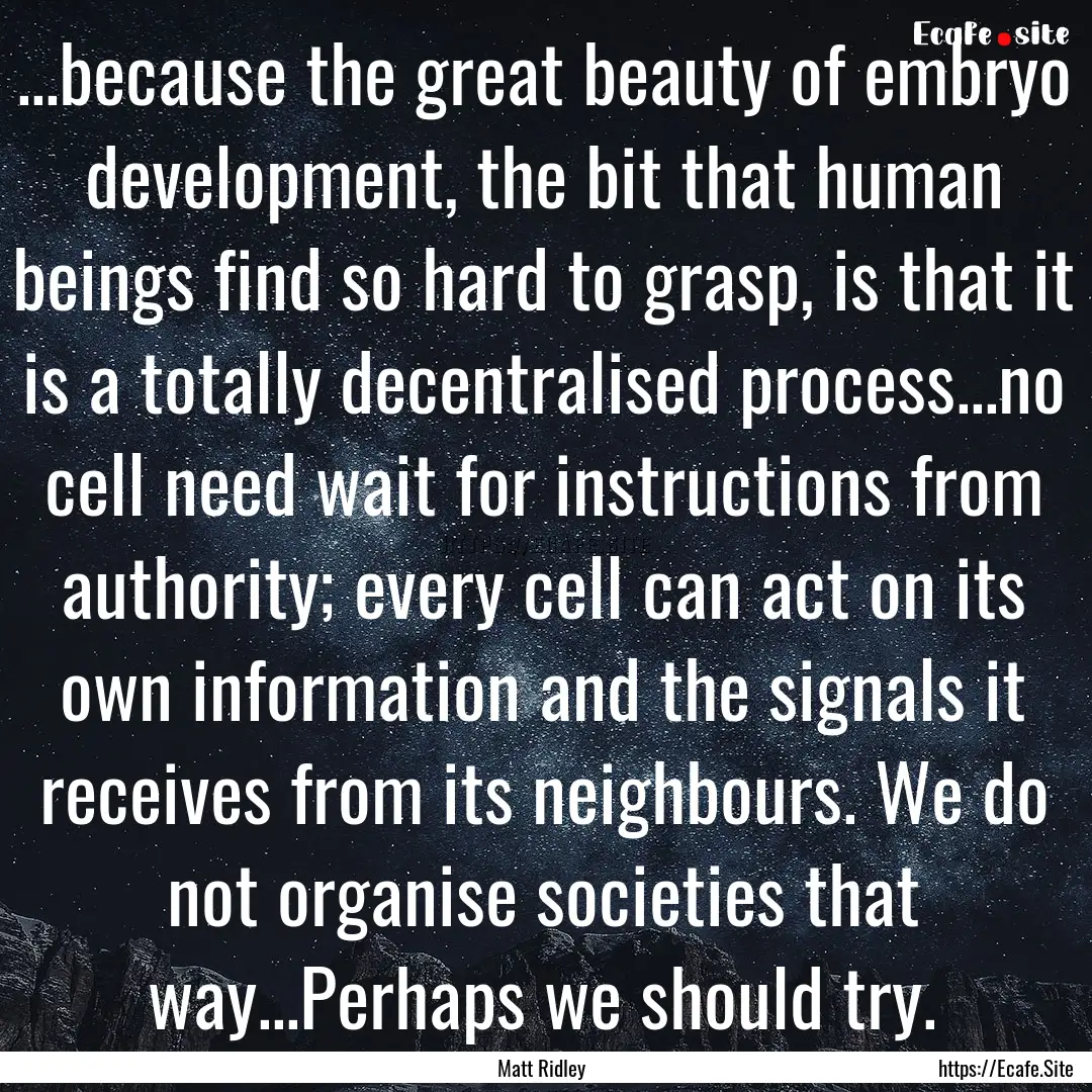 ...because the great beauty of embryo development,.... : Quote by Matt Ridley