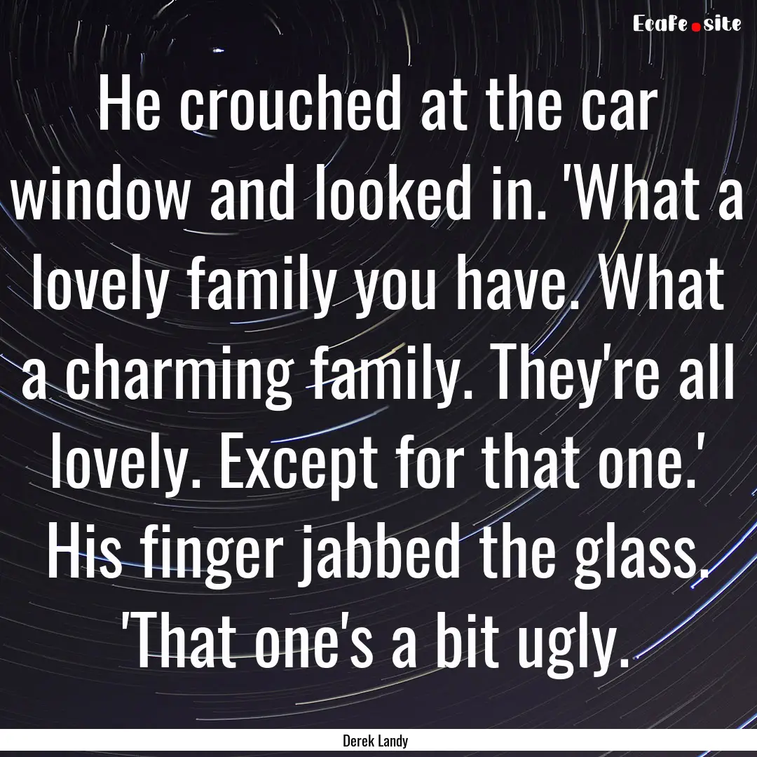 He crouched at the car window and looked.... : Quote by Derek Landy