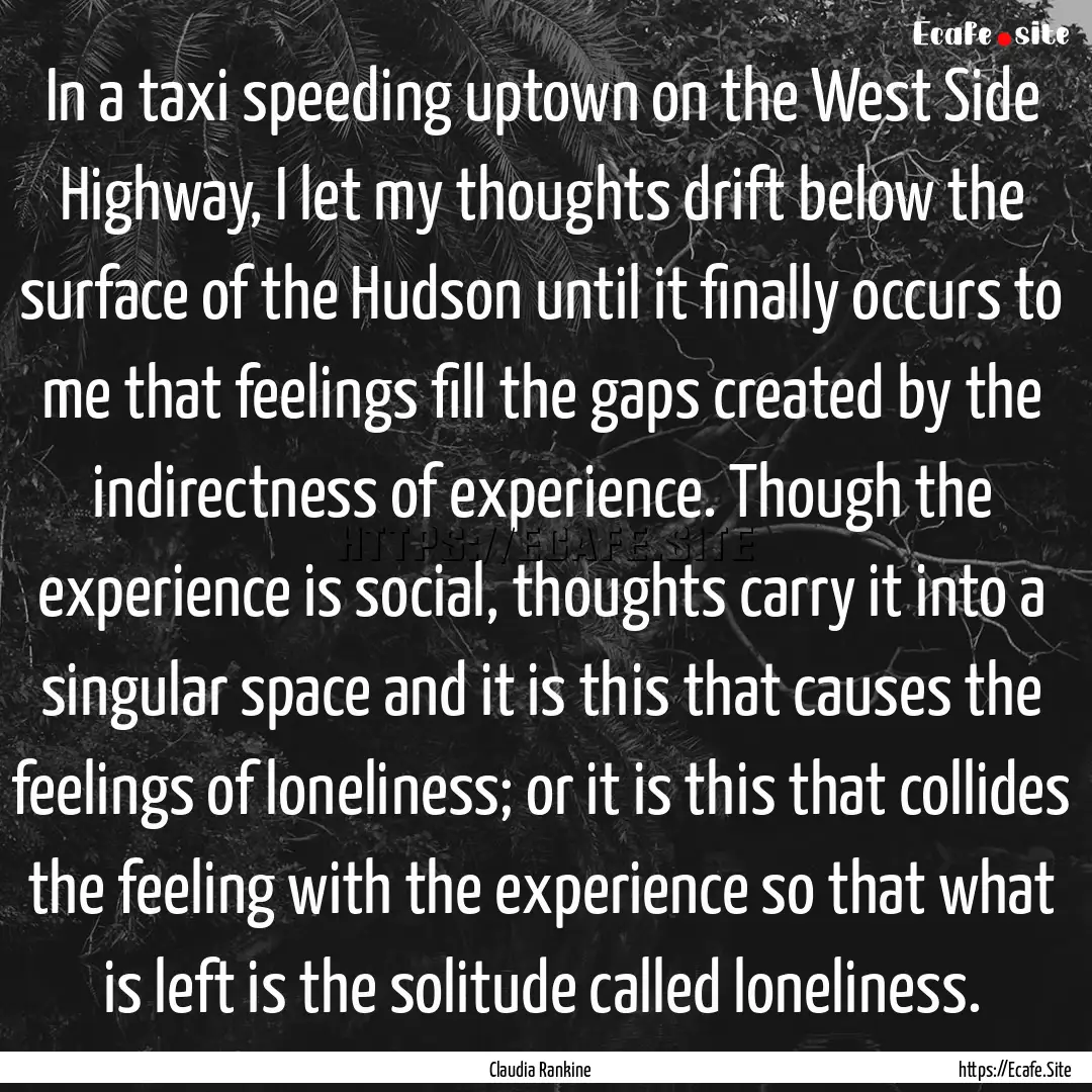 In a taxi speeding uptown on the West Side.... : Quote by Claudia Rankine