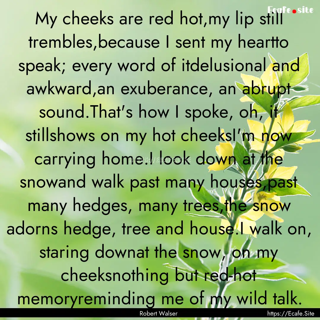 My cheeks are red hot,my lip still trembles,because.... : Quote by Robert Walser