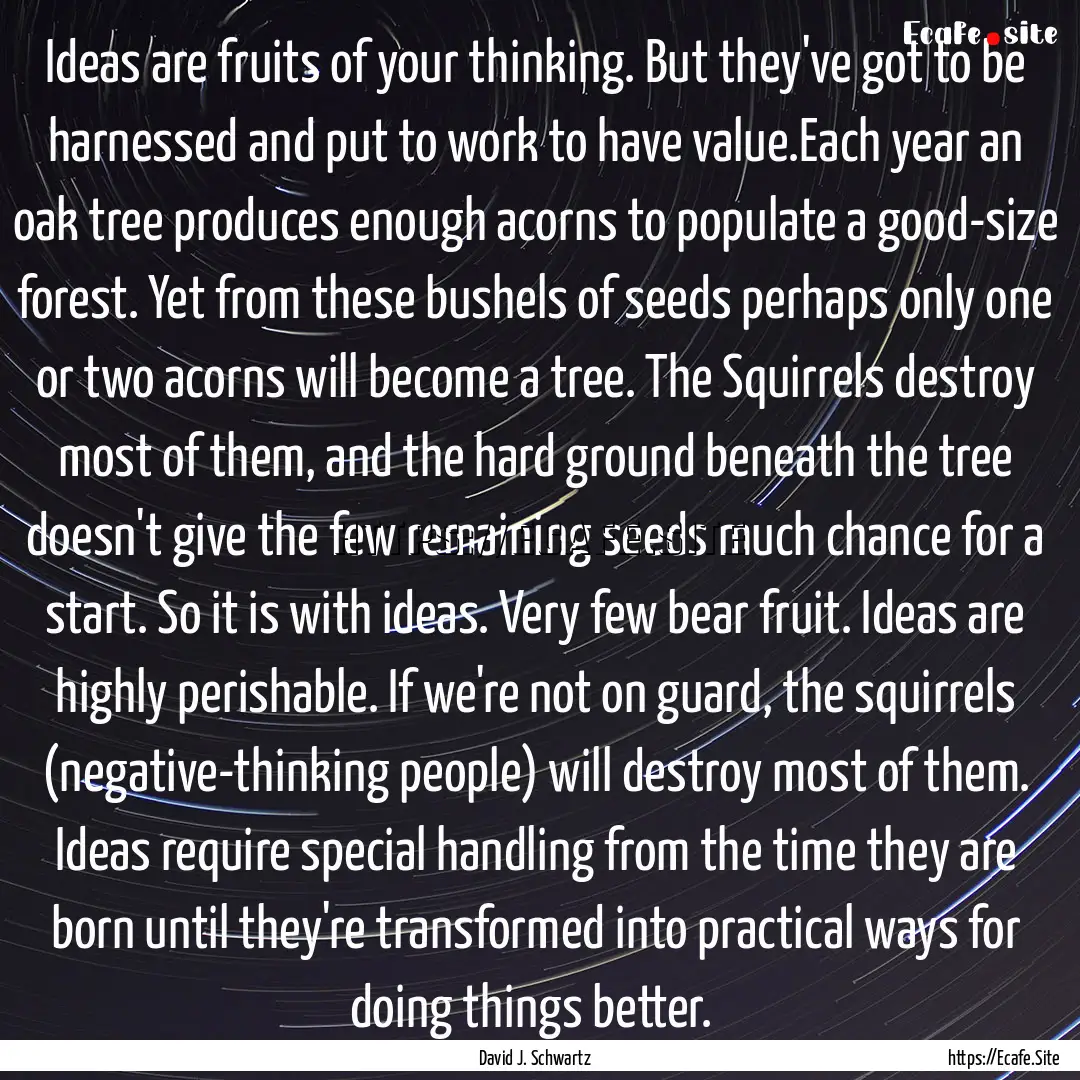 Ideas are fruits of your thinking. But they've.... : Quote by David J. Schwartz